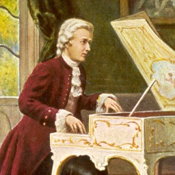Postkartenmotiv: Gemälde von Wolfgang Amadeus Mozert, der ein verziertes Cembalo spielt.