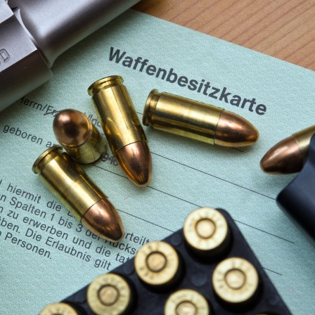 Eine Kaliber 9 mm Pistole, Patronen und ein Magazin liegen auf einer Waffenbesitzkarte. Nach dem Amoklauf von Winnenden wurde eine Verschärfung des Waffenrechts diskutiert.