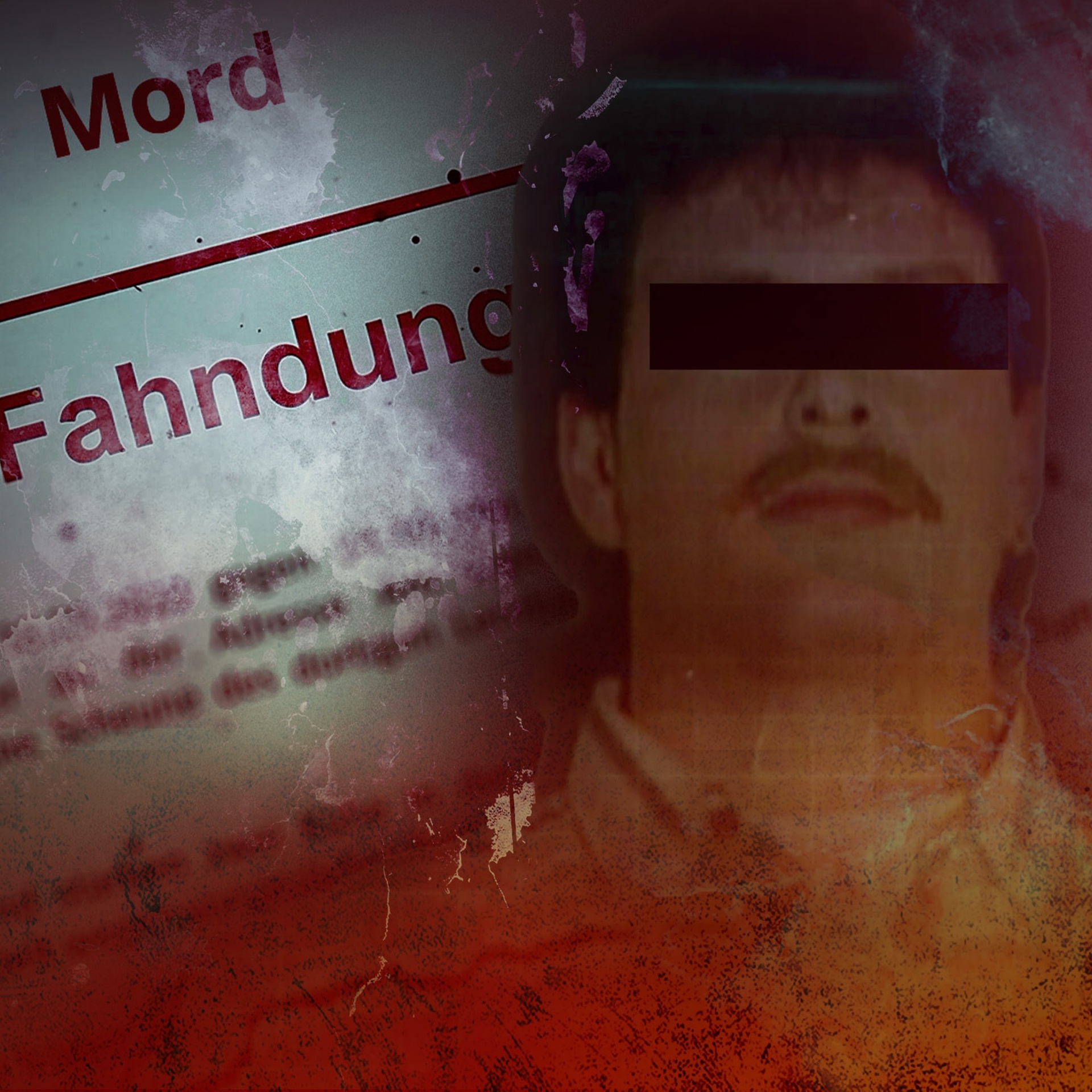 Collage: links in roter Schrift das Wort "Fahndung", rechts der Kopf eines Mannes mit einem schwarzen Balken über den Augen