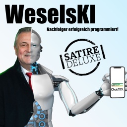 GDL-Chef Claus Weselsky als Chatbot, Halb-Mensch, Halb-Roboter.