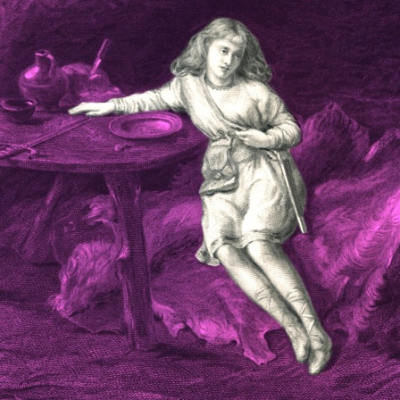 Imogen sitzt in an einem Tisch in einer Höhle. Kupferstich von David Desvachez zu William Shakespeares "Cymbelin". 
