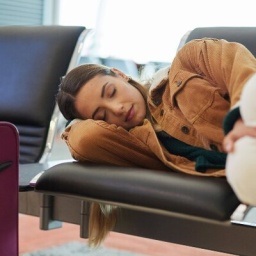 Eine Frau, die auf Sitzen am Flughafen liegt und schläft.