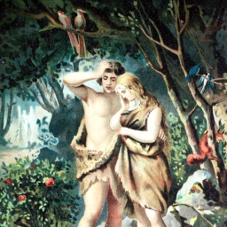 Adam und Eva im Paradies, Chromlithographie aus einer Hausbibel, ca 1870