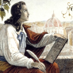 Goethe sitzt mit einem Buch und in der Hand eine Schreibfeder in Rom auf seiner italienischen Reise 1786-88. Stahlstich von Friedrich Weber nach Zeichnung von Ludwig von Maydell,spätere Kolorierung. 