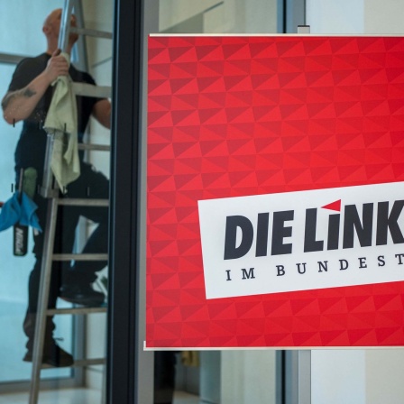 Ein Fensterputzer steigt neben den Räumen der Fraktion der Linken im Bundestag von der Leiter.