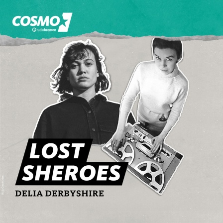 Auf einer grün-grauen Grafik sieht man die Moderatorin Milena in schwarz-weiss mit der Shero der Folge: Delia Derbyshire. Sie steht vor einem DJ Pult und blickt nach oben in die Kamera. 