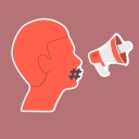 Illustration: Ein Kopf mit Hashtag vor dem geschlossenen Mund und Megafon vor dem Gesicht.
