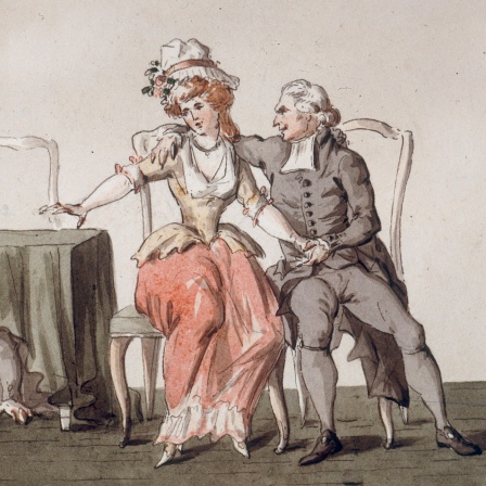 Aquarellierte Zeichnung um 1790 von R. Ziesenis, 4. Akt aus dem Stück "Tartuffe" von Molière; eine Frau und ein Mann sitzen gemeinsam auf einem Sofa, während ein weiterer Mann unter einem Tisch lauscht.