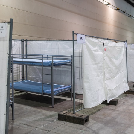 Ein Stockbett steht zwischen Zäunen in einer Notunterkunft für Asylsuchende in der Messe Offenburg. Das Regierungspräsidium Freiburg hat an der Messe Offenburg erneut eine Notunterkunft für Asylsuchende eingerichtet.