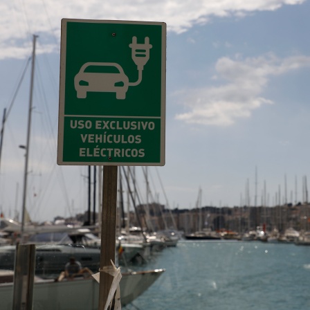 Am Hafen von Palma auf Mallorca ist ein Schild mit der Aufschrift "Ausschließliche Nutzung für Elektrofahrzeuge" zu sehen. 