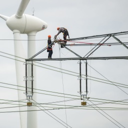 Mitarbeiter stehen bei einer turnusmäßigen Wartung der 220-kV-Freileitung auf den 26 Meter hohen Einebenenmasten bei Kleinfurra im Landkreis Nordhausen (Thüringen).