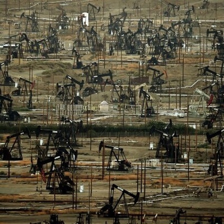 Vogelperspektive auf ein Ölfeld in Kalifornien, auf dem bis zum Horizont Ölförderanlagen stehen.