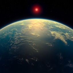 Das Bild zeigt einen fernen Planeten mit einer wasserbedeckten Oberfläche und einer leuchtenden Atmosphäre, darüber ein kleiner, rötlicher Stern am dunklen Sternenhimmel. Die Szene vermittelt den Eindruck eines möglichen lebensfreundlichen Exoplaneten.