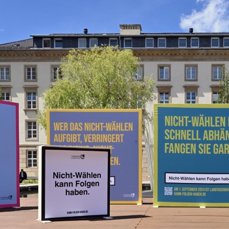 Plakate einer Kampagne zur Wahlmobilisierung. Auf dem Vordersten steht im Stil des Warnhinweises auf einer Zigarettenschachtel: "Nicht-Wählen kann Folgen haben."