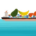 Illustration: Ein Cargoschiff mit übergrossem Obst und Gemüse auf Deck.