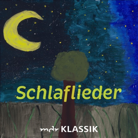 Ein von einem Kind gemaltes Bild einer nächtlichen Wiese mit der Aufschrift "Schlaflieder"