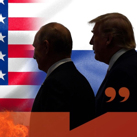 Die Silhouetten von Wladimir Putin und Donald Trump vor einer Flagge