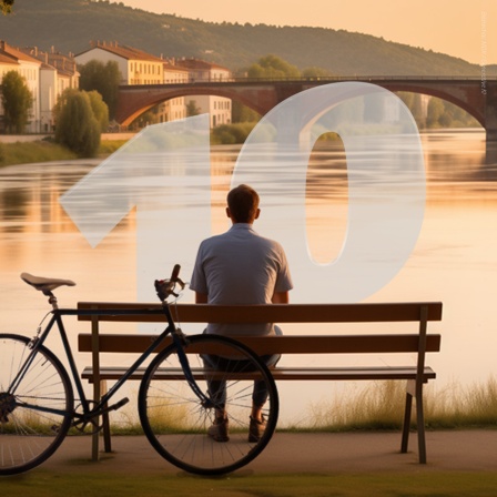 Ein Mann blickt von einer Bank am Ufer auf eine Flusslandschaft. An der Bank lehnt sein Fahrrad.