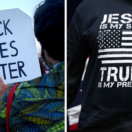 Collage: Black Lives Matter Protest mit Plakat. und ein evangelikaler Trump-Supporter mit bedrucktem T-Shirt