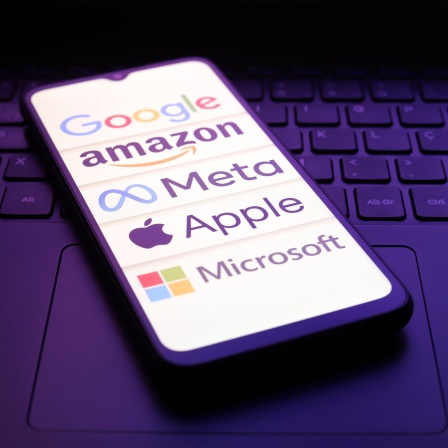 Die Logos von Google, Amazon, Meta, Apple und Microsoft auf einem Smartphone-Bildschirm.