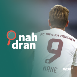 Das Bild zeigt den Bayern-Neuzugang Harry Kane von hinten, daneben das Logo von Nah dran.