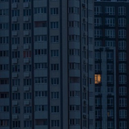 Ein Hochhaus in der Dunkelheit, nur aus wenigen Fenstern kommt Licht.