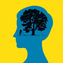 Illustration: Umrisse eines menschlichen Kopfes. Darin: ein Mensch mit einer Harke vor einem Baum.