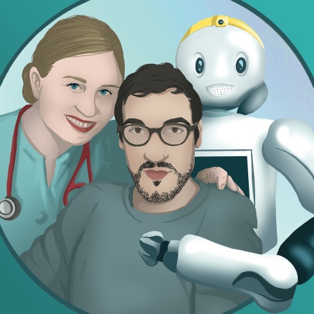 Die Illustration zeigt einen jungen Mann, hinter dem links eine Pflegerin und rechts ein Roboter stehen.