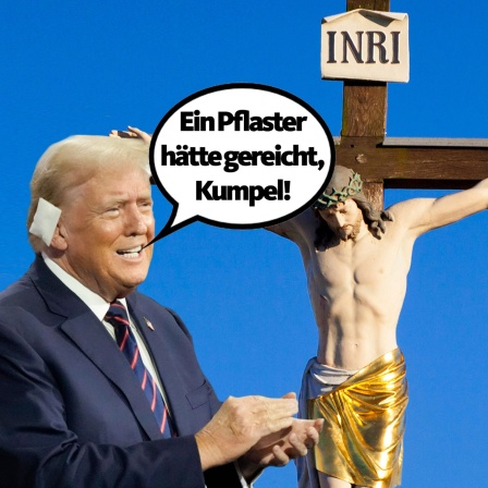 Donald Trump mit Ohrpflaster, im Hintergrund Jesus am Kreuz.