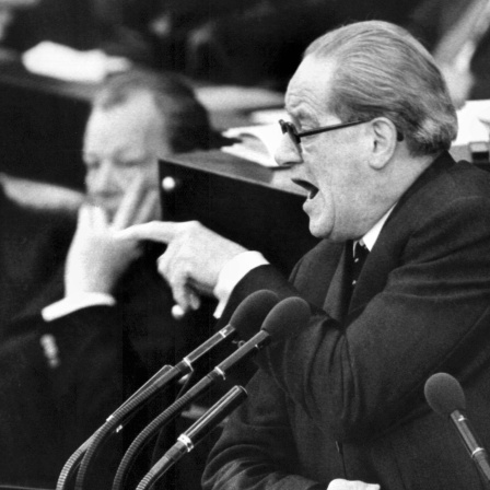 Das Archivbild vom 11.05.1973 zeigt den SPD-Fraktionsführer Herbert Wehner während einer temperamentvollen Debatte am Rednerpult im Bundestag