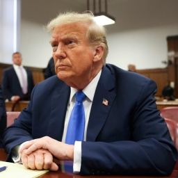 Ex-US-Präsident Donald Trump sitzt auf der Anklagebank im Gericht in Manhattan.