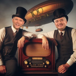 Bildmontage: Axel Naumer und Henning Bornemann sitzen im Tweed-Anzug und mit Zylinder-Hut an einem alten Radioempfänger. 