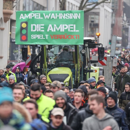 Teilnehmerinnen und Teilnehmer einer Protestaktion gehen neben einem Traktor, an dem ein Schild &#034;Ampel-Wahnsinn - die Ampel spielt verrückt!&#034; angebracht ist, durch eine große Straße in einer Stadt.