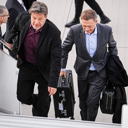 Robert Habeck (Grüne) und Christian Lindner (FDP - rechts im Bild) gehen eine Treppe hoch.