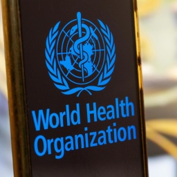 Symbolbild: Smartphone mit Logo der WHO (World Health Organisation) vor einem unscharfen Hintergrund