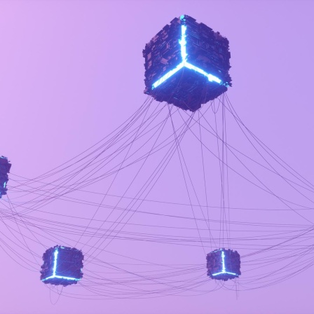 Digital gerendertes Bild von Datenwürfeln, die mit Kabeln untereinander verbunden sind, vor violettem Hintergrund.