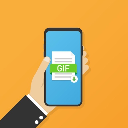 Illustration einer Hand mit Smartphone auf dem eine Gif-Datei abgebildet ist. Der Hintergrund ist Orange.