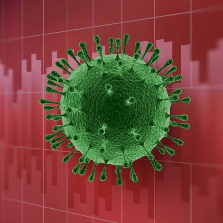 Symbolbild: Modell eines Coronavirus vor einer Statistik