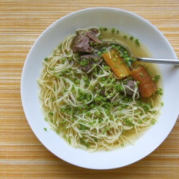Ein weißer tiefer Teller mit einer Nudelsuppe, zwei größeren Karottenstücken und Fleischstücken darin