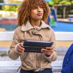 Eine Frau sitzt mit einem Tablet auf einer Parkbank und schaut nach oben.