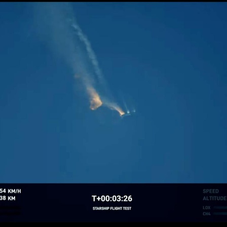 :April 2023: Die Selbstzerstörung ist bereits ausgelöst, aber die defekte Rakete irrt noch umher – Starship drei Minuten und 26 Sekunden nach dem Start.