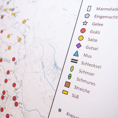 Karte aus dem &#034;Sprachatlas Nord Baden-Württemberg&#034; zeigt die Verbreitung verschiedener Begriffe für Marmelade bzw. Eingemachtes. Der Atlas entstand in zwei Forschungsprojekten der Universität Tübingen.