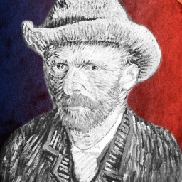 Vincent van Gogh vor einem blau-roten Hintergrund.