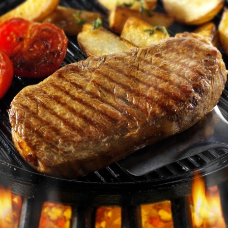 Lendensteak, Rindersteak, Tomaten und Kartoffelspalten auf einem Grill