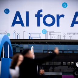 An einem Samsung Stand auf der IFA Berlin im Jahr 2024 steht in großen Buchstaben "KI for all" geschrieben. Davor sind in der Unschärfe einige Messebesucher zu sehen.