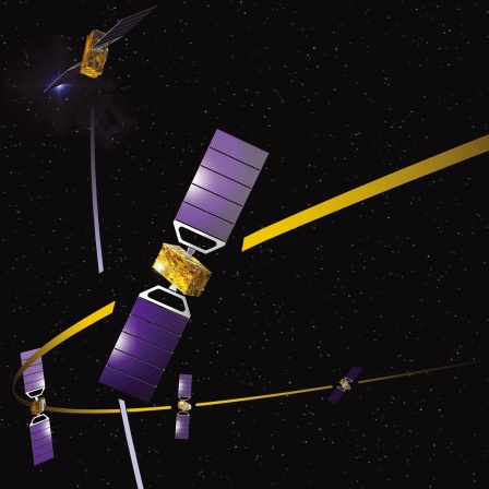 Das Bild zeigt den Satelliten Galileo im Weltraum und die Erdkugel