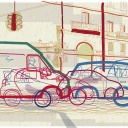 Illustration von Autos, die auf einer städtischen Strasse im Stau stehen, darüber eine Ampel.