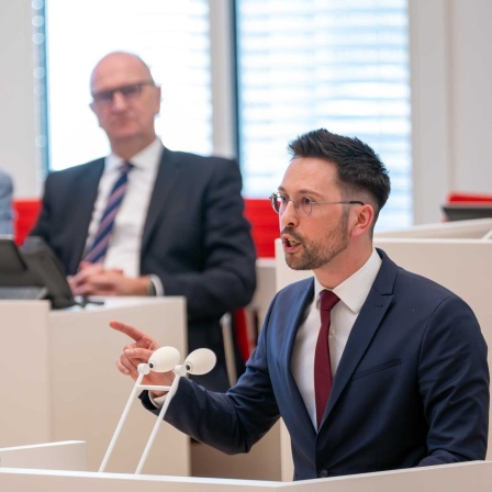 Dennis Hohloch, Parlamentarischer Geschäftsführer der Brandenburger AfD-Fraktion, spricht während der von seiner Fraktion beantragten Sondersitzung (Bild: picture alliance/dpa/Soeren Stache)