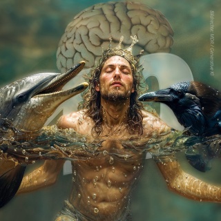 Ein nackter Mann mit langen Haaren und einer Krone auf dem Kopf schwimmt mit geschlossenen Augen im Wasser. Links von ihm im Wasser ist ein Delfin, rechts von ihm eine Krähe, hinter ihm ein menschliches Gehirn im Anschnitt. Als Wasserzeichen die Zahl Zehn.