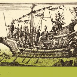 Ein Schiff, Argonauten Meleager und Tydeus angeführt von Cupido, aus der Serie: Der prächtige Festzug am Arno in Florenz zur Hochzeit des Großherzogs  für die Hochzeitsfeier von Cosimo de Medici in Florenz, 1608